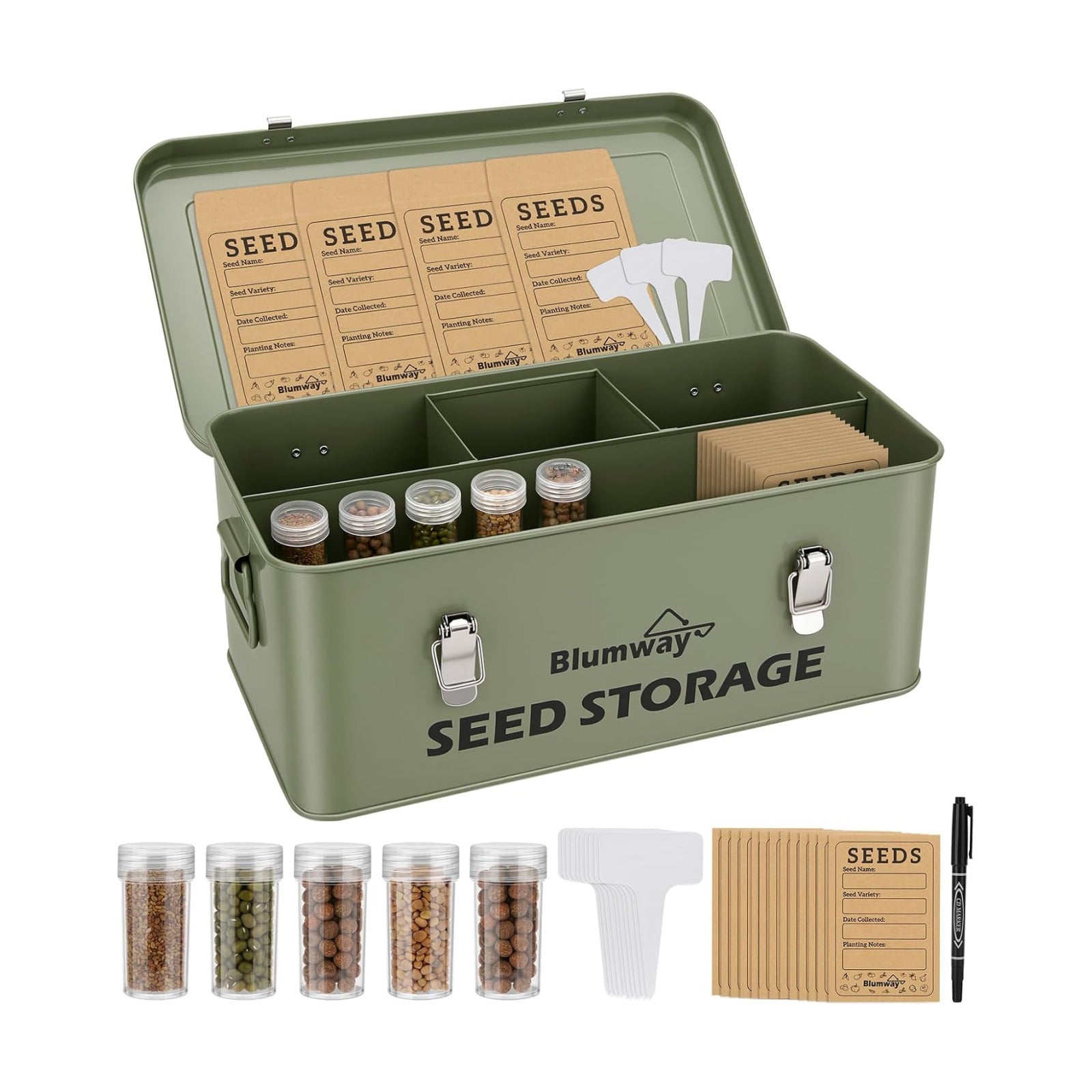 Seed Storage Organizer, Metal Seed Saving Box with Lid, Seed Storage Container with Safety Locks, 4 Compartments Seed