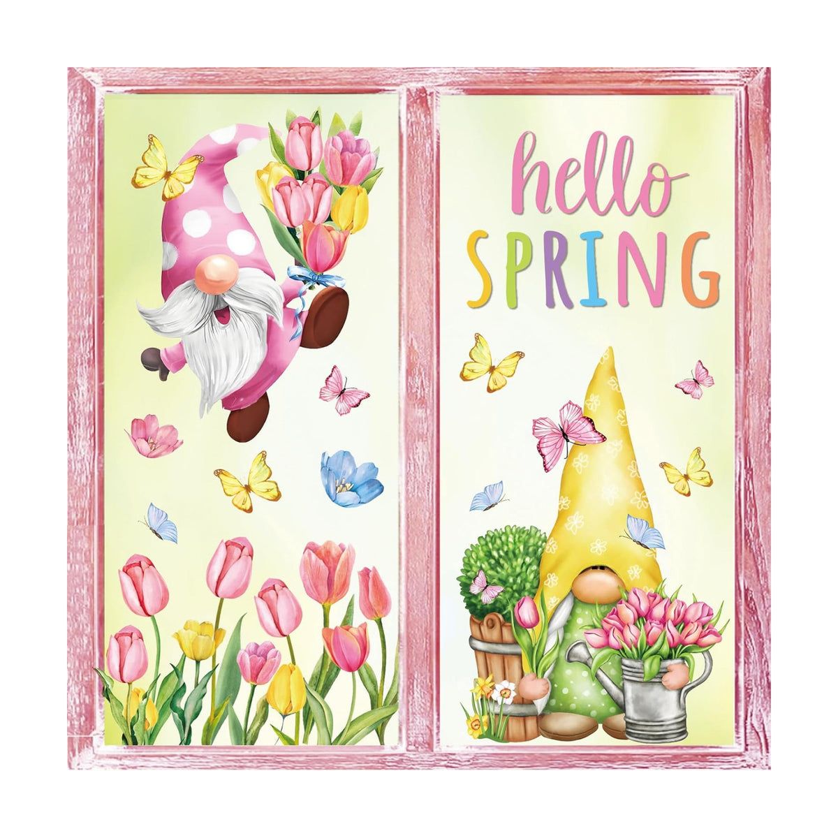 Whaline 6 Sheet Hello Spring Window Clings Pink Tulip Flower Floral Gnome Butterfly Reusable Window Glass Decals for Home School Office Party Supplies