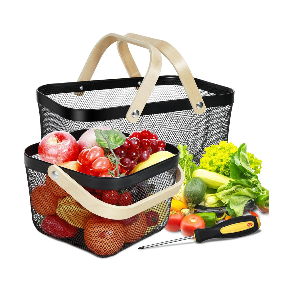 2 Pack Garden Harvest Basket, Metal Mesh Wire Picnic Basket with Handle | for Picnic, Vegetable Gathering, Fruit