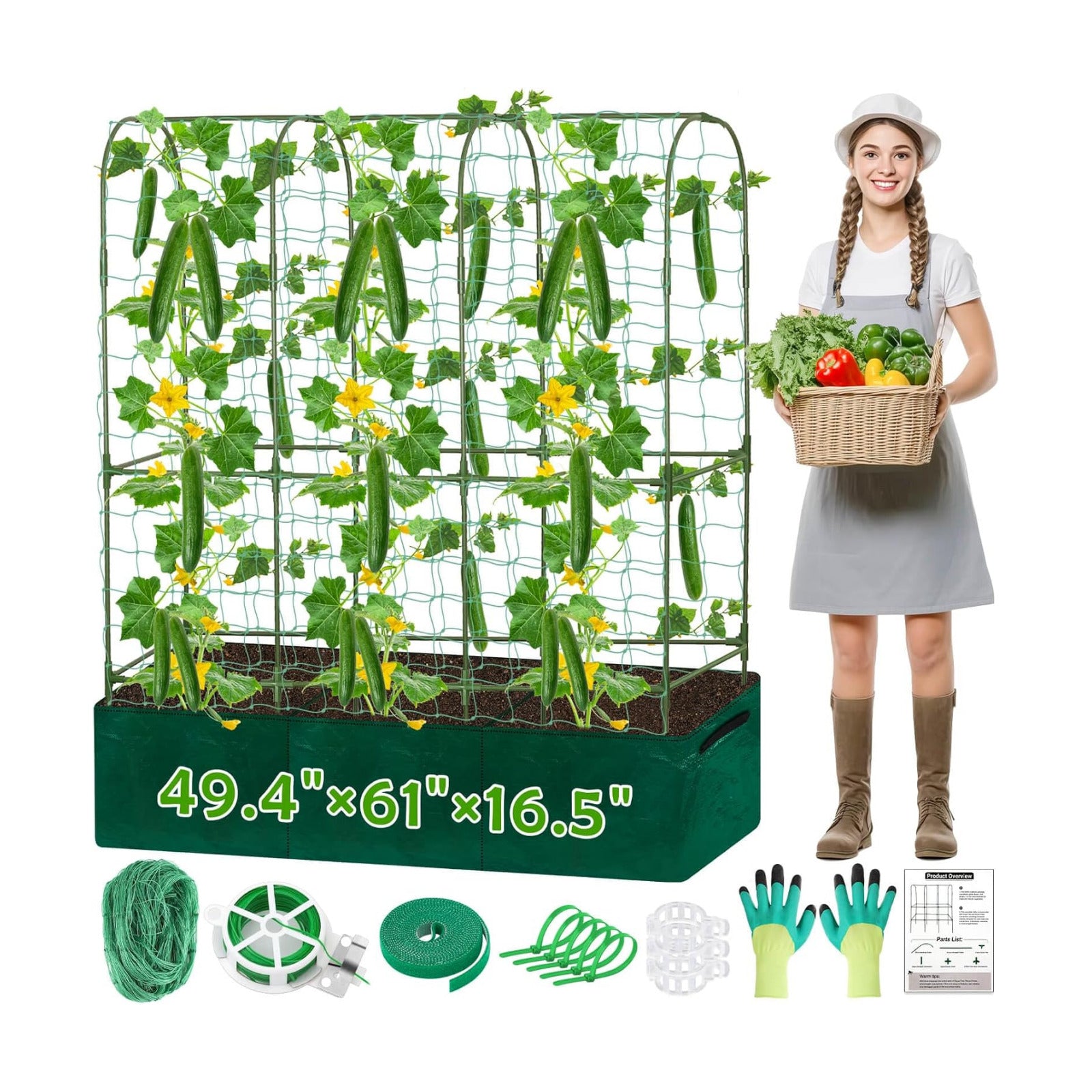 ROADPLUM Cucumber Trellis for Climbing Plants with Grow Bag, 61" Tall Metal U-Frame Garden Trellis for Raised Bed with