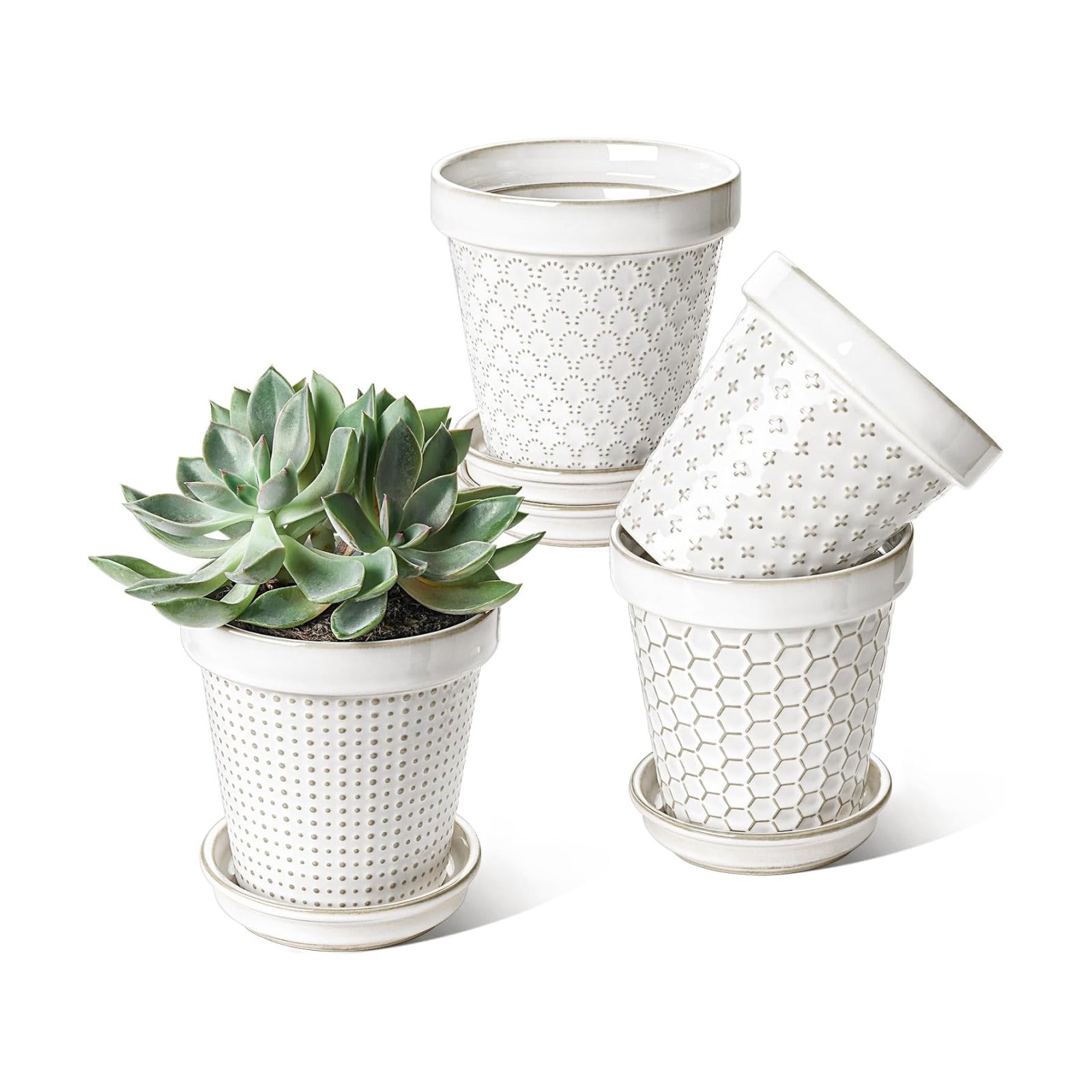 LE TAUCI Ceramic Plant Pots, 4.9 Inch Flower Pots with Drainage Hole & Saucer, Embossed Planter Pots for Indoor Plant