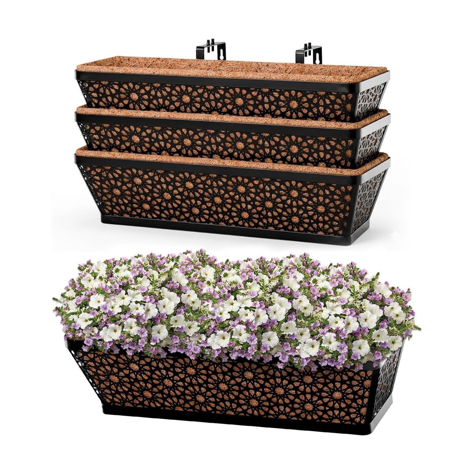Halatool 30 Inch 4 Pack Large Railing Planter Box with Coco Liner | Rust Resistance, Sturdy Metal Window Balcony