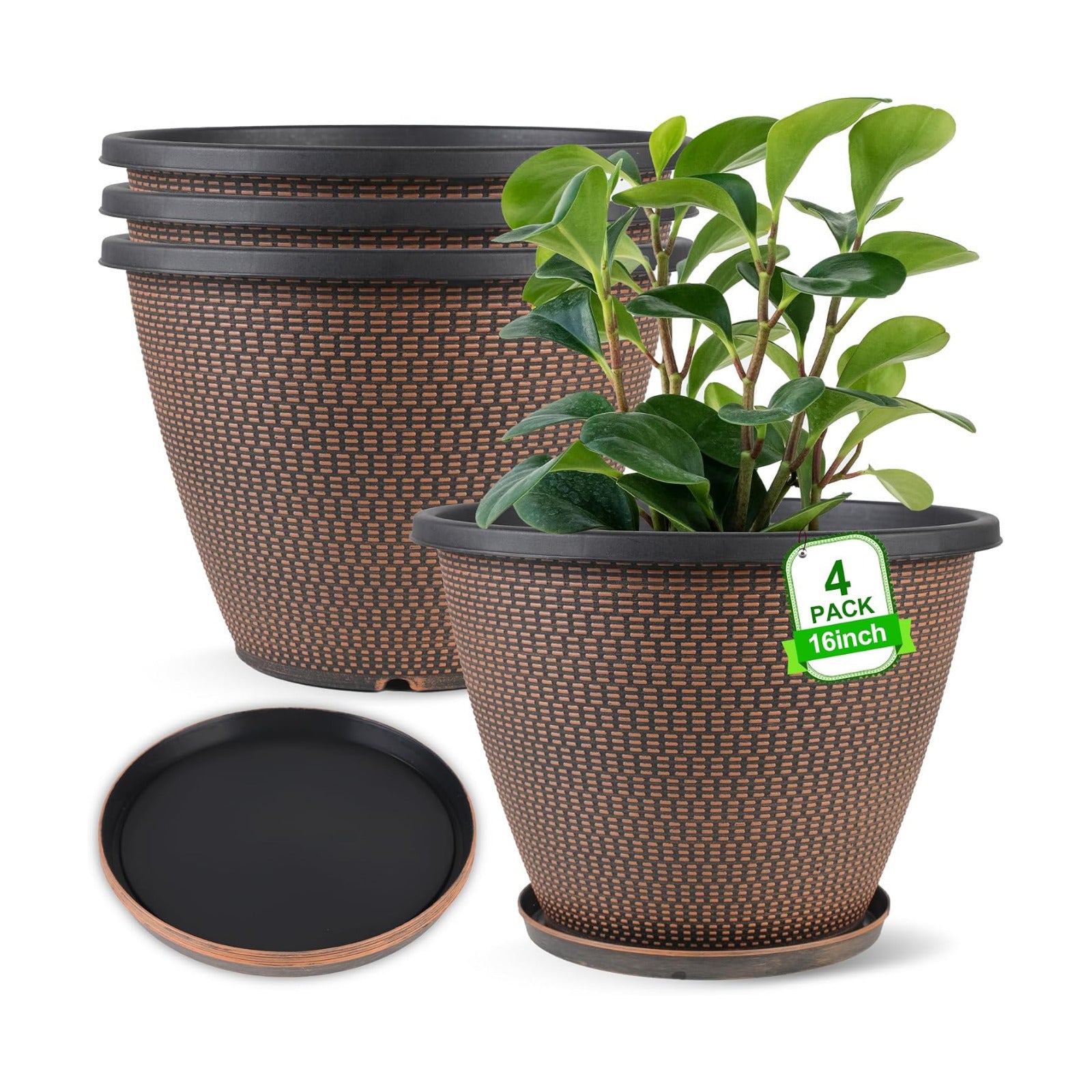 4 Pack 16 inch Plant Pots, Modern Large Planters for Outdoor Plants | Round Plastic Flower Pots with Drainage Holes &
