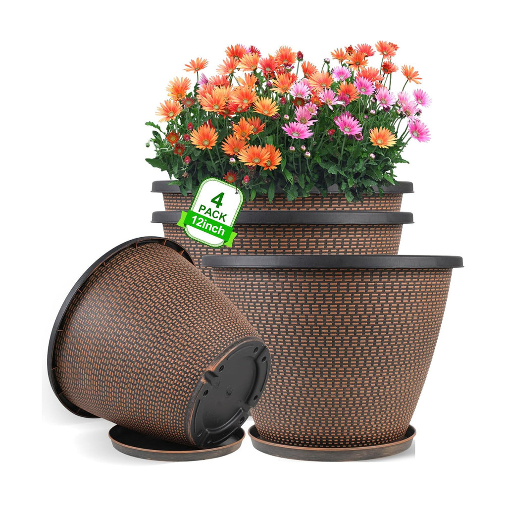 12 inch Pots for Plants, 4 Pack Large Outdoor Planter Pots with Saucers | Plastic Flower Pots for Indoor Plants with