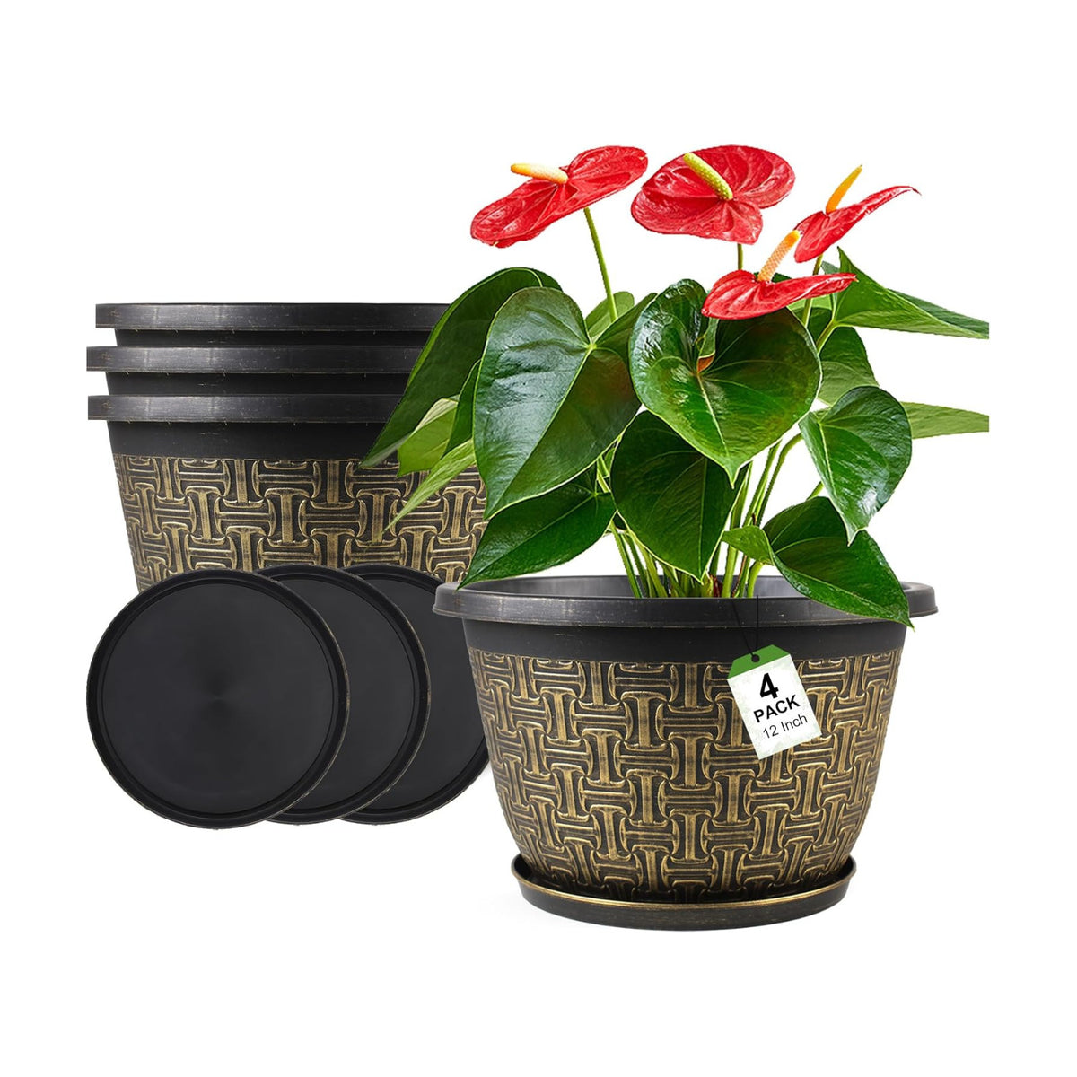 Nooulap 4 Pack 12 Inch Plant Pots, Large Plastic Flower Planters
