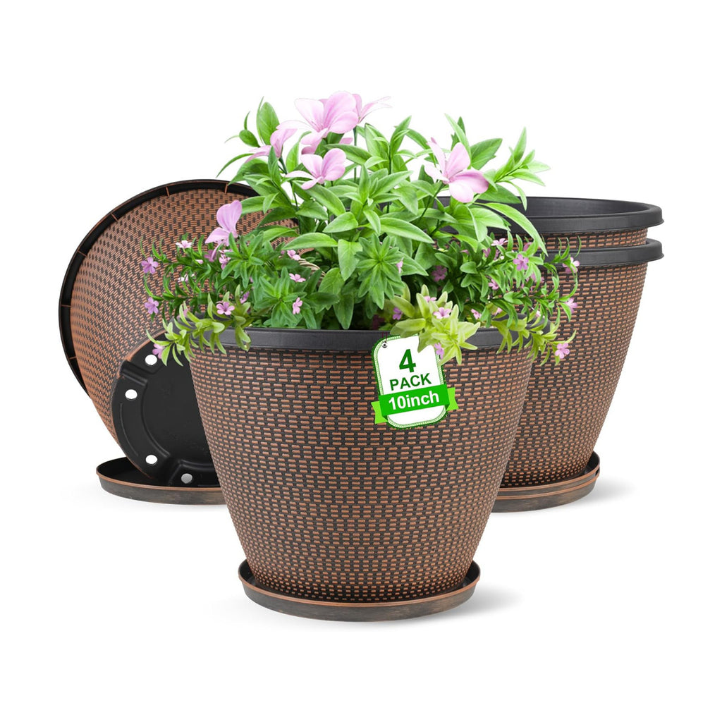 4 Pack 10 inch Plant Pot for Outdoor Indoor, Plastic Flower Pots with Trays | Lightweight Large Outdoor Planter Pots