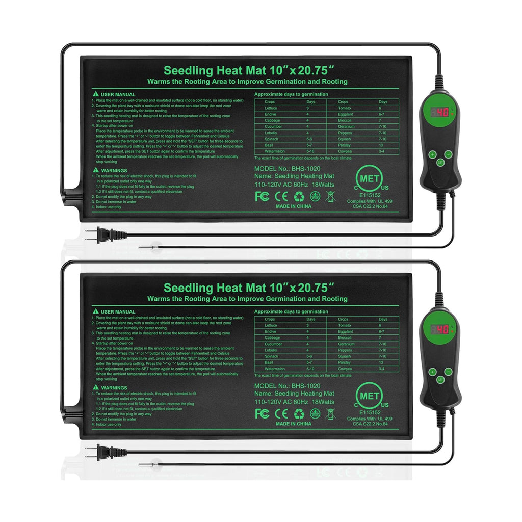 Seedling Heat Mat with Built-in Temperature Controller (2 Pack), 10" x 20.75" Plant Heating Pad with Thermostat for