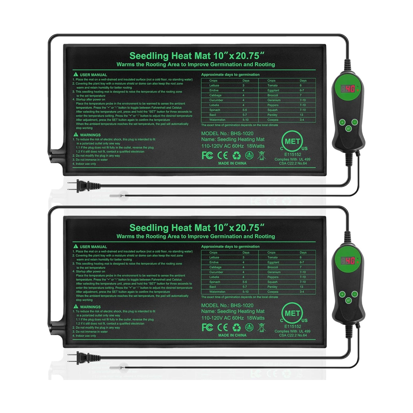 Seedling Heat Mat with Built-in Temperature Controller (2 Pack), 10" x 20.75" Plant Heating Pad with Thermostat for