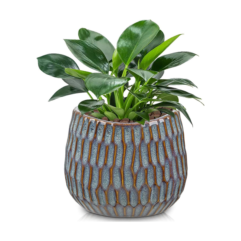 Oairse Small Ceramic Pots for Plants, 4.9 inch Blue Plant Pot Indoor with Drainage Ceramic Planters for Indoor Plants