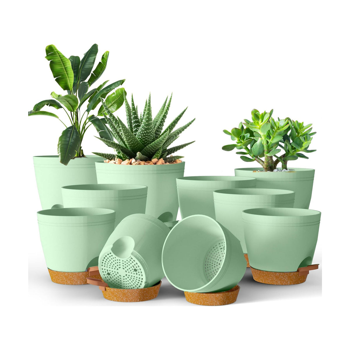 Utopia Home Self Watering Pots for Indoor Plants 6.8"/6.4"/5.9"/5.5"/4.9" Set of 10, Planters for Indoor Plants, Small Multi-Size Flowerpot, Plant Pots with Drainage & Reservoir (Olive Green)