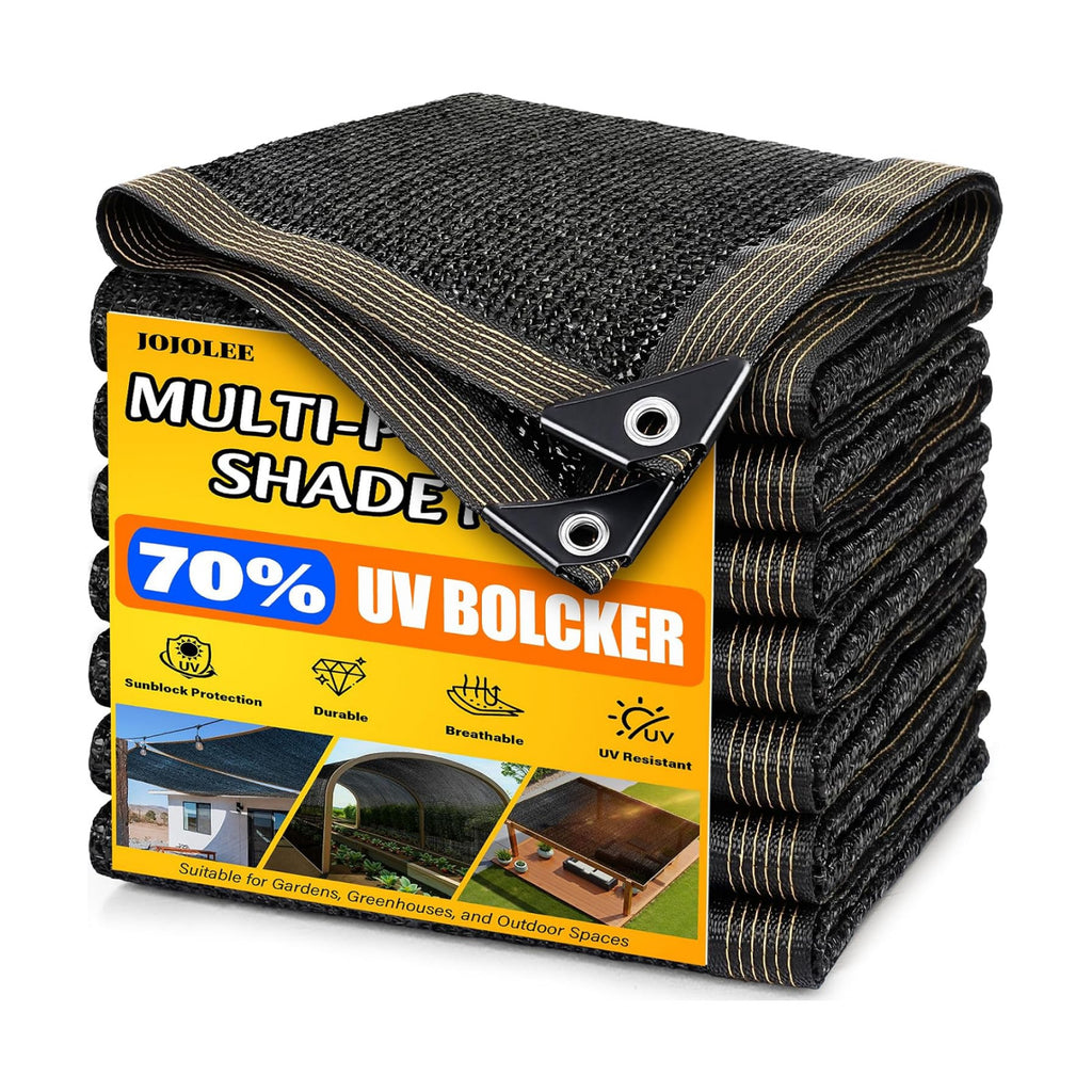 JOJOLEE 70% Sun Shade Cloth, 10x20FT Shade Net Mesh Tarp with Grommets, Black Sunblock Cover for Outdoor Patio Plants