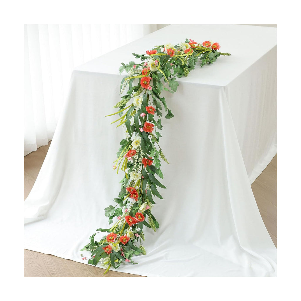 Mizii Red Artificial Flower Garland 6FT Fake Poppy Floral Garland Hanging Vines Spring Summer Flowers Decorations for Mantle Table Centerpieces Room Wall Fireplace Wedding Decor (Red)