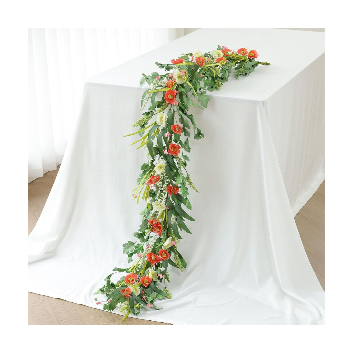 Mizii Red Artificial Flower Garland 6FT Fake Poppy Floral Garland Hanging Vines Spring Summer Flowers Decorations for Mantle Table Centerpieces Room Wall Fireplace Wedding Decor (Red)