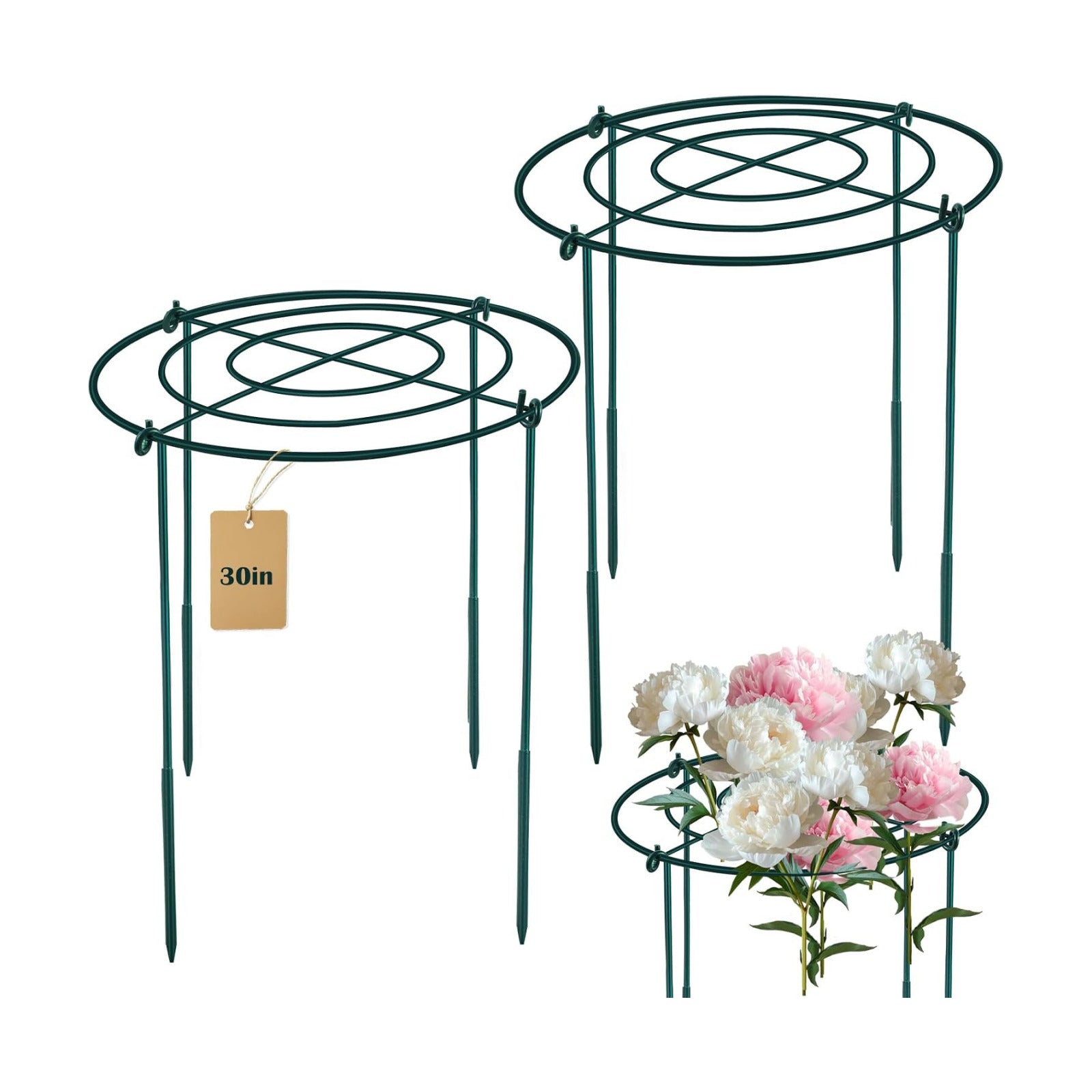 2Set Metal Peony Grid Cages, 30"H X 13"D Large Flower Support Cages Grow Through Hoop Ring Peony Stakes Garden Plant
