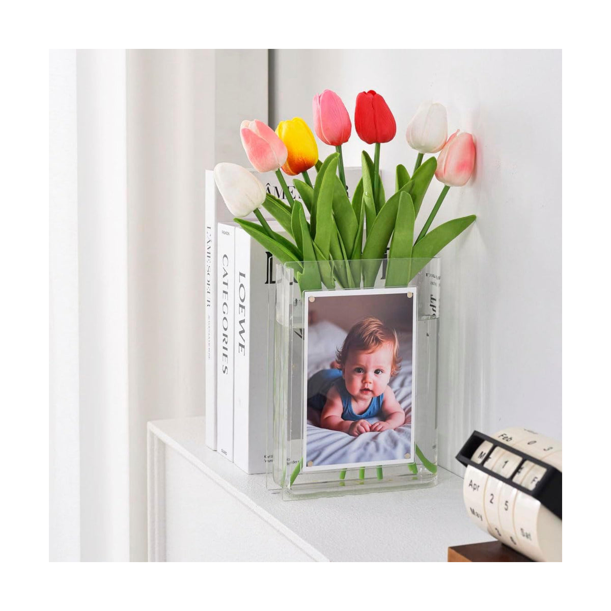 Clear Photo Vase for Flowers, Picture Frame Flower Vase with 6x4 Photo Insert - Acrylic Book-Shaped Vase for Home, Office Desk, and Living Room Decor