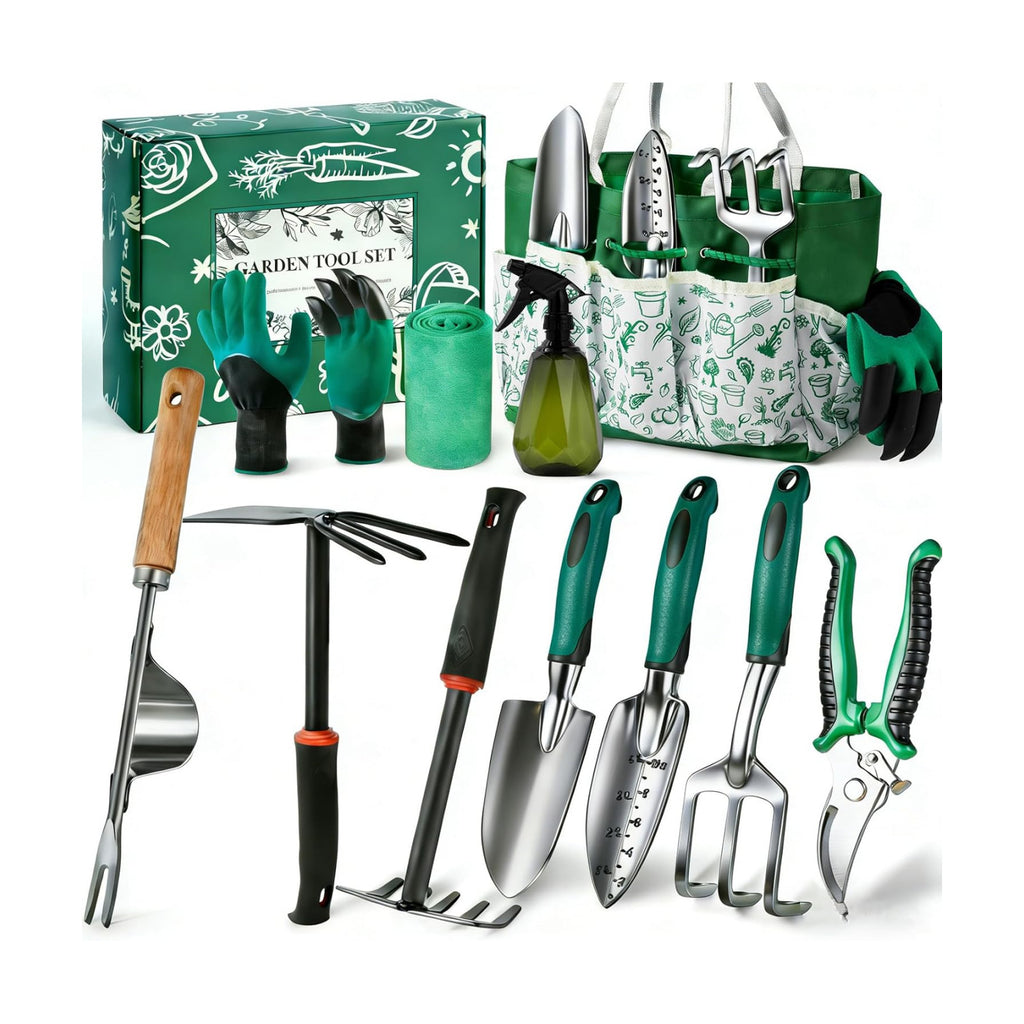 Garden Tool Set, 12-Piece Complete Stainless Steel Gardening Essentials, Heavy Duty Garden Tools with Large Storage