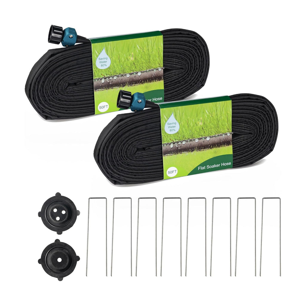 Hourleey Flat Soaker Hose 100 FT for Garden, 100' (50FT x 2) Linkable Consistent Drip Irrigation Hose, Leak-free