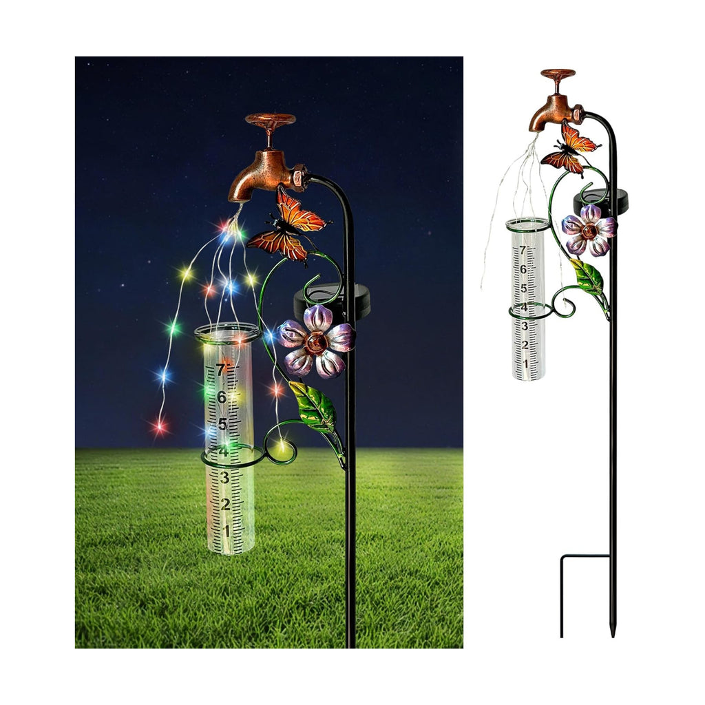 Decorative Rain Gauge Garden Stake with Butterfly and Flower Design, Copper Faucet Style, Metal Garden Decor