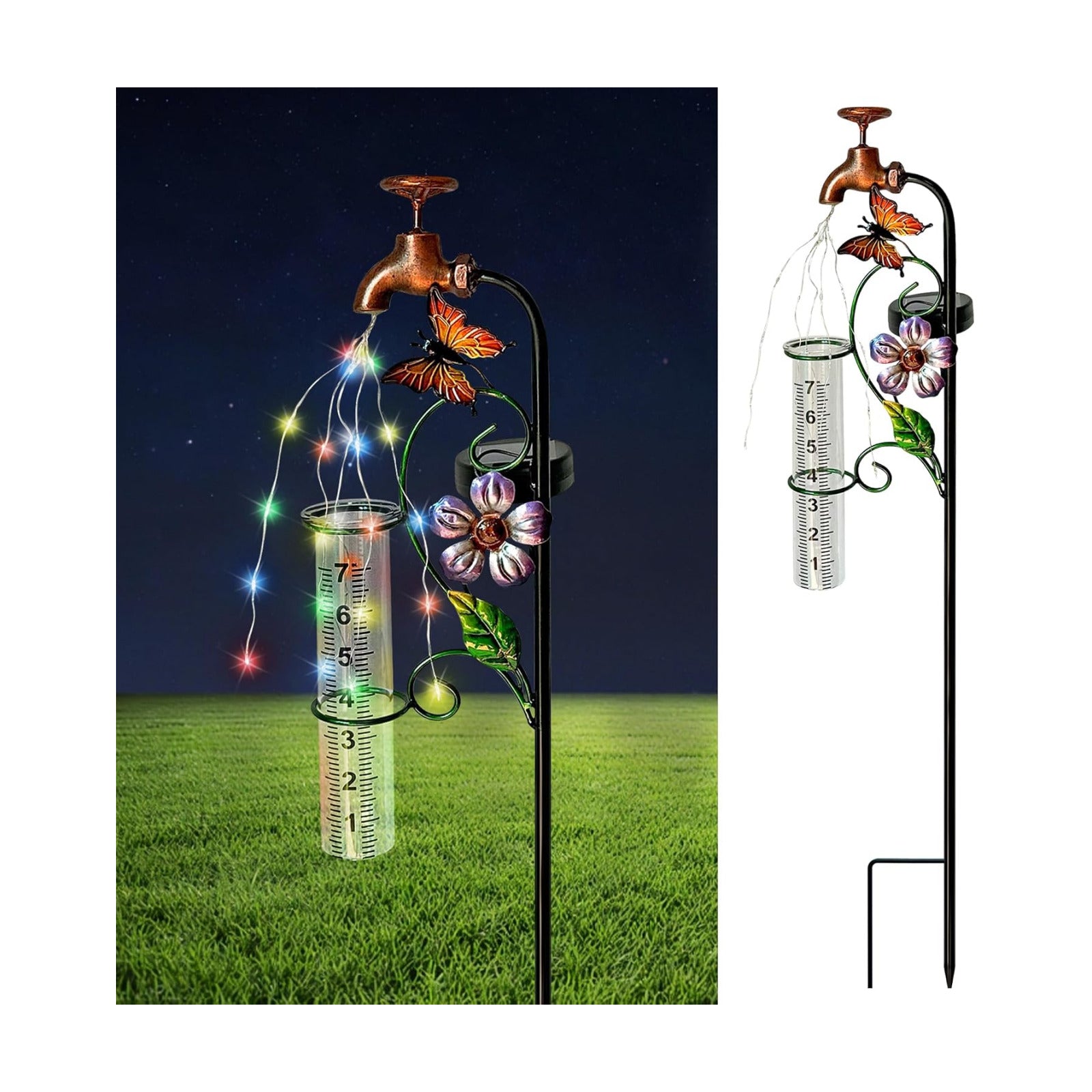 Decorative Rain Gauge Garden Stake with Butterfly and Flower Design, Copper Faucet Style, Metal Garden Decor