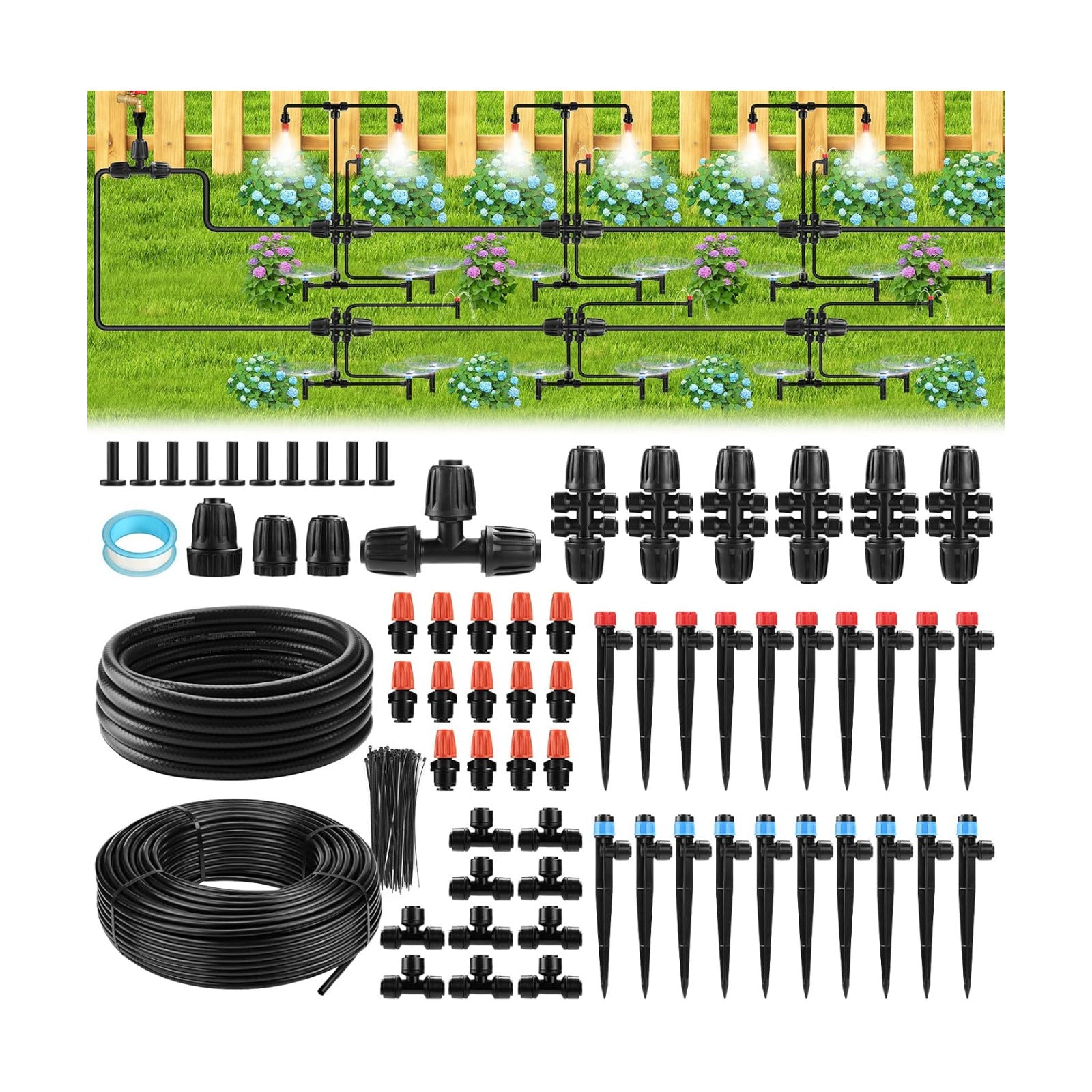 234FT Drip Irrigation System - Garden Watering System with Adjustable Three Spray Patterns with 1/2" Main Tube and 1/4"