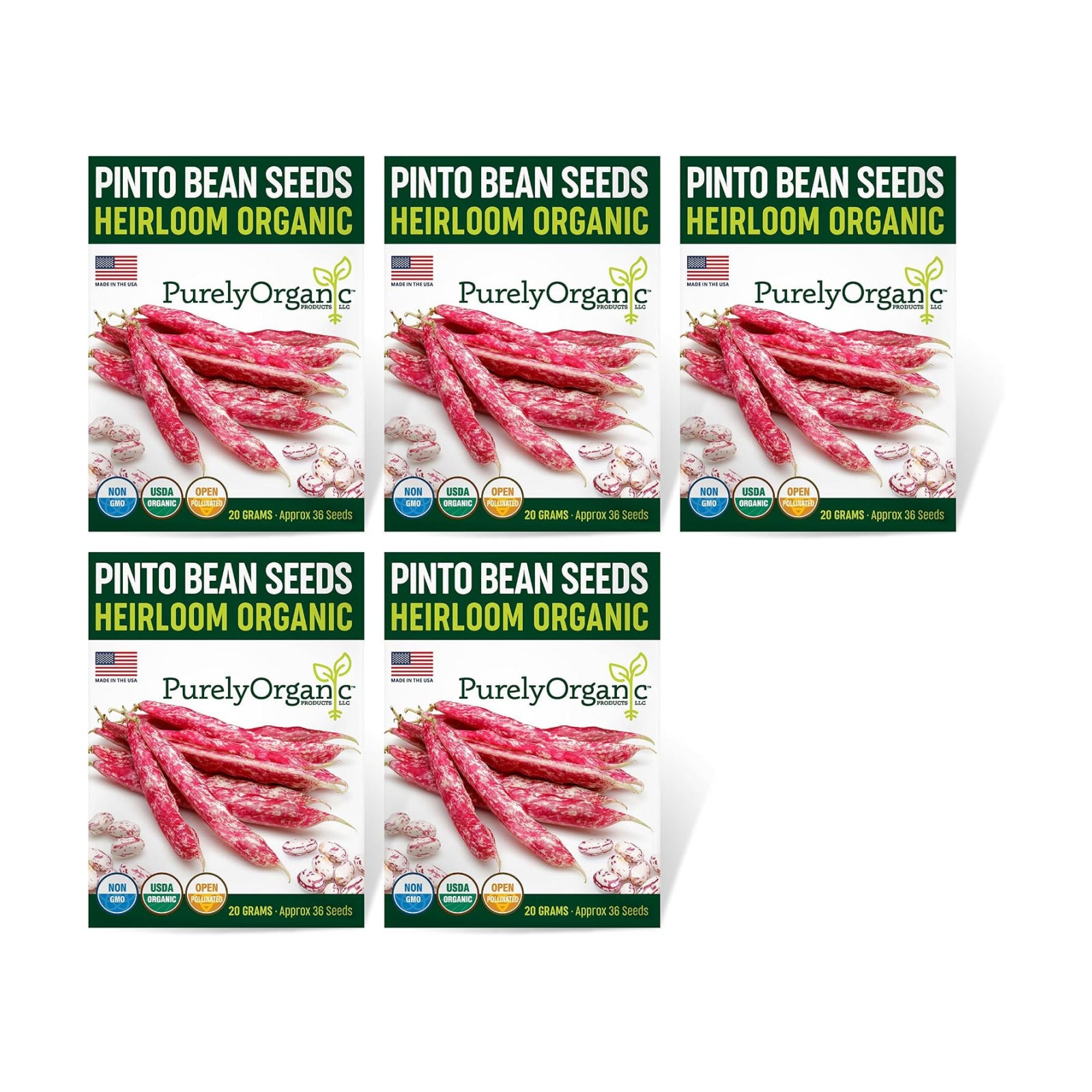 Organic Pinto Bean Seeds - USDA Organic, Non-GMO, Open Pollinated, Heirloom, USA Origin (5 Packets - 100 Grams - Approx