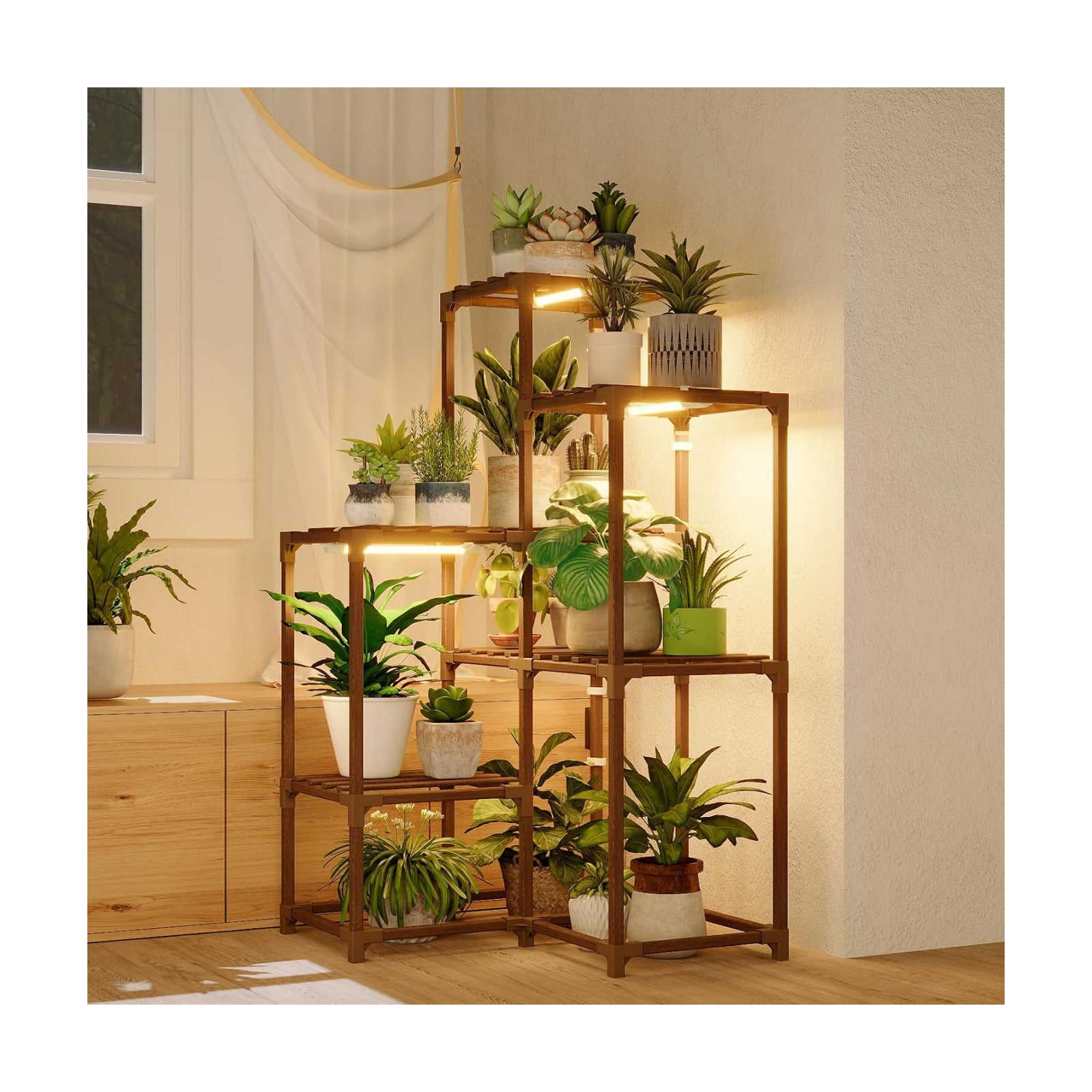 Bamworld Plant Stand with Grow Light for Indoor Plants Growing Corner Plant | Shelf with Grow Lights for Living Room
