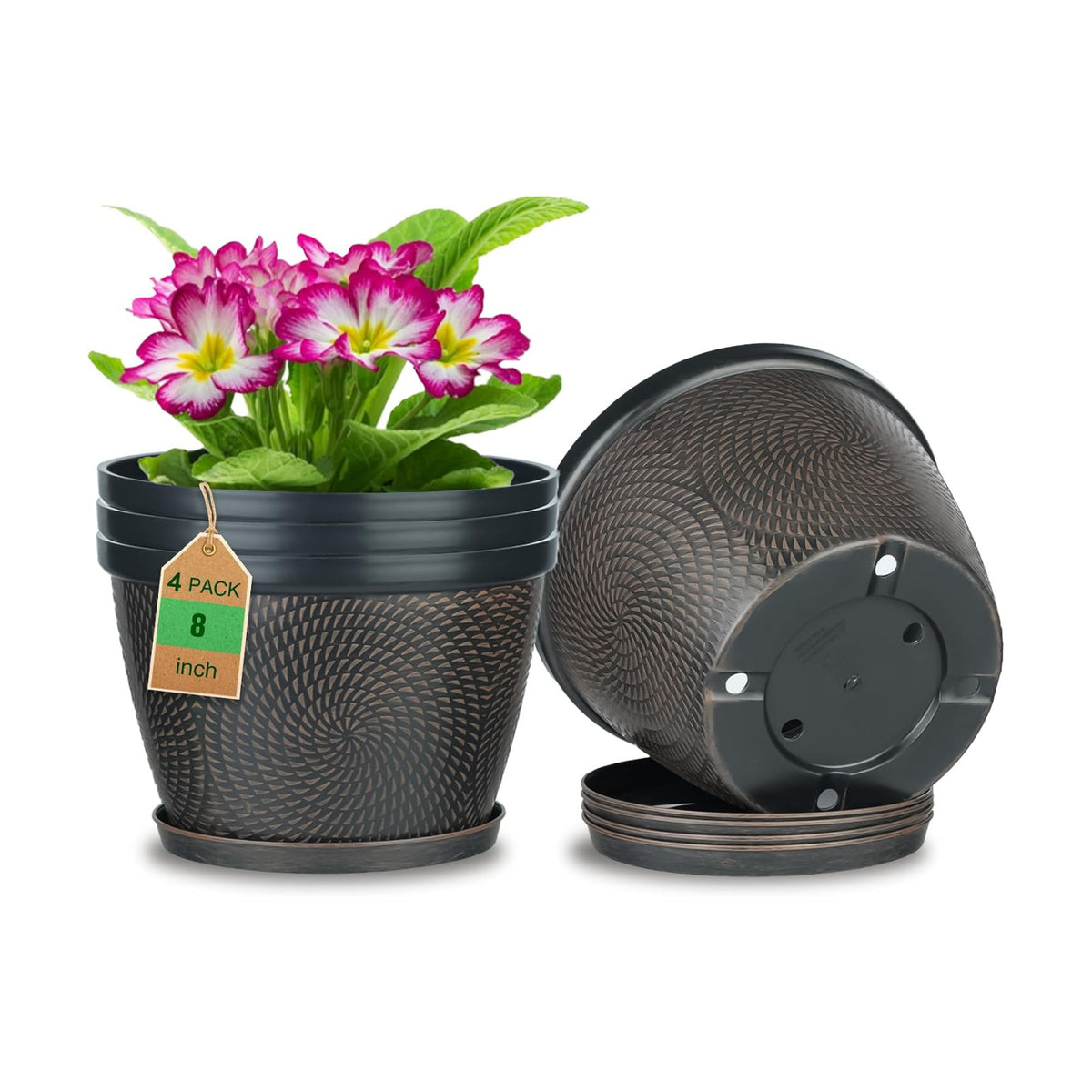 Quarut 4 Pack 8 Inch Flower Pots for Outdoor Indoor, Plastic Plant Pots