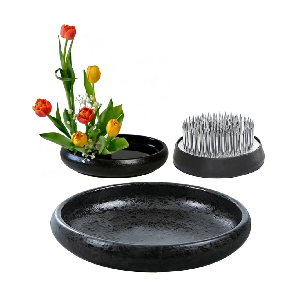 Ikebana Flower Arranging Kit with Ceramic Vase & Kenzan Flower Frog, Beginner Japanese Flower Arrangement Set for Fresh Flowers, Glazed Black Ikebana Bowl for Home Décor, Relaxation & Gift