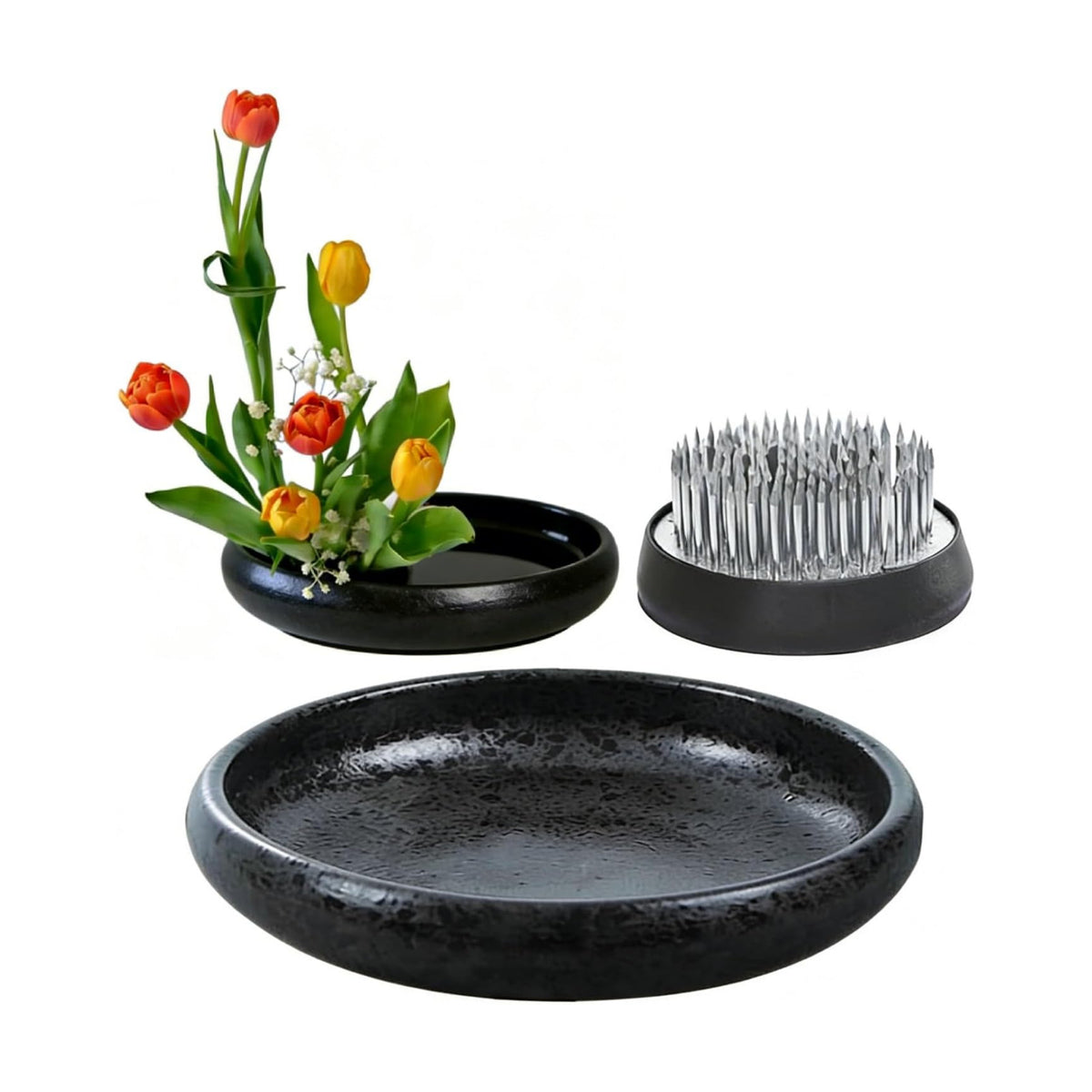 Ikebana Flower Arranging Kit with Ceramic Vase & Kenzan Flower Frog, Beginner Japanese Flower Arrangement Set for Fresh Flowers, Glazed Black Ikebana Bowl for Home Décor, Relaxation & Gift