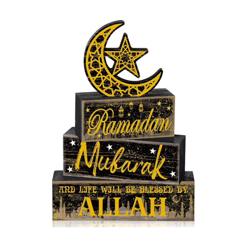 Moucuny 4 Pcs Ramadan Mubarak Wooden Block Signs, Farmhouse Table Decor