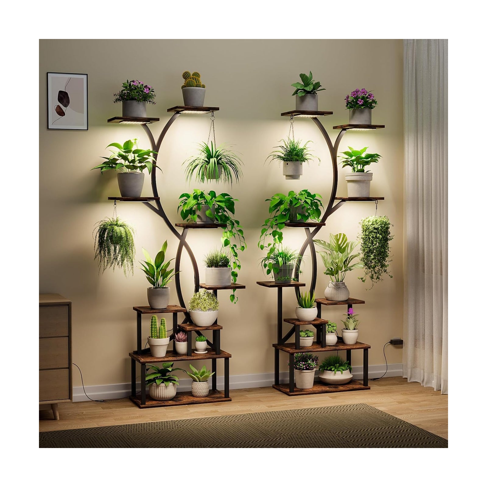 Plant Stand Indoor with Grow Lights 9 Tiered Wood Plant Shelf 62" Tall Plant Stand Metal Frame for Indoor Plants