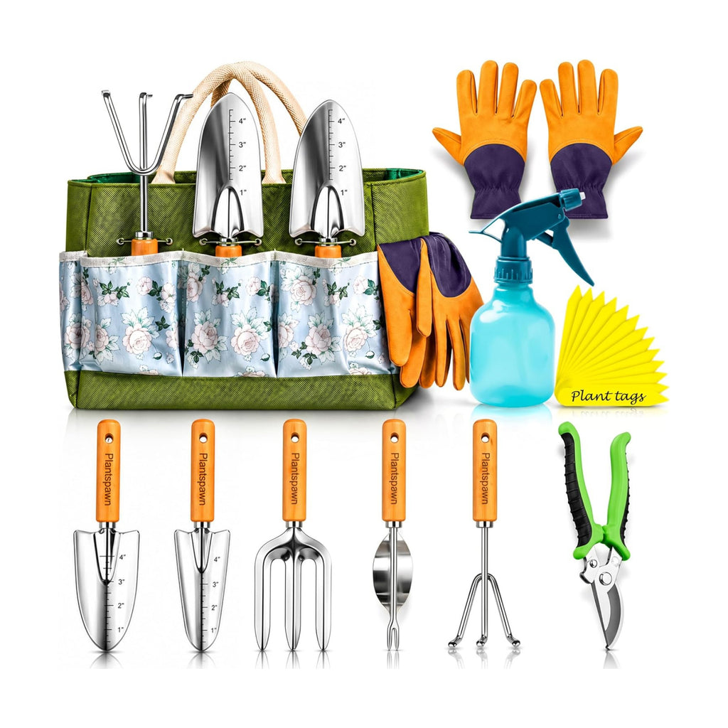 Gardening Tools Set with Organizer Handbag 9-Piece, Heavy‑Duty Rust‑Proof Garden Hand Tools, Wooden Handles,15 Plant