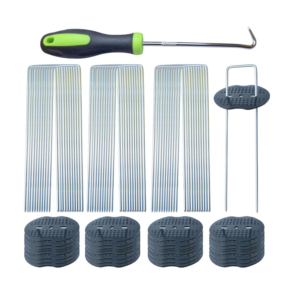 200Pcs Landscape Staples with 200 Gasket with 1Pick Hook, 6 Inch Heavy Duty Garden Stakes 11 Gauge U Shaped Galvanized