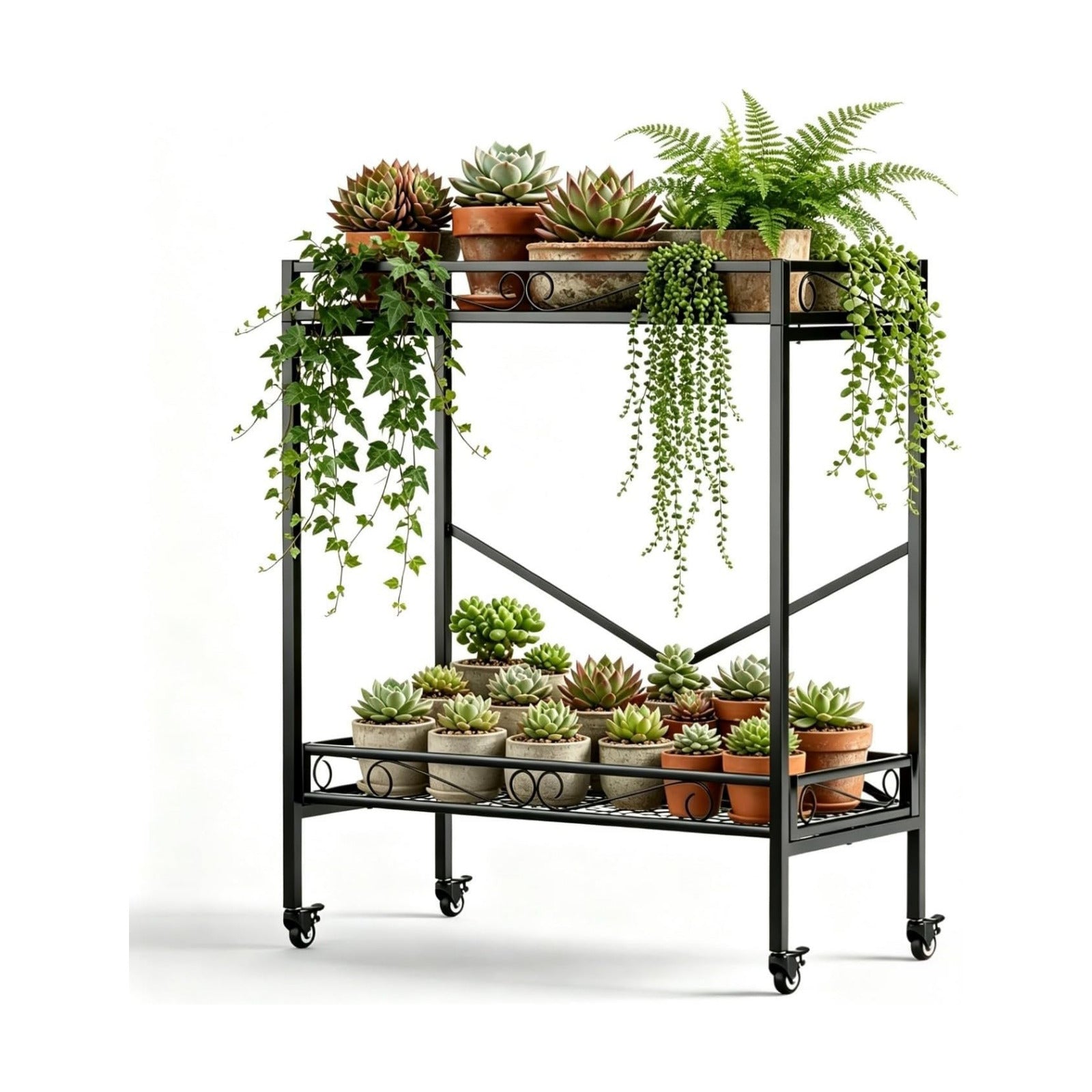 Zhongma 2 Tier Window Height Sturdy Metal Plant Stand with Wheels, 32.7x16x39.4 Inch High, Heavy Duty Succulent Shelf