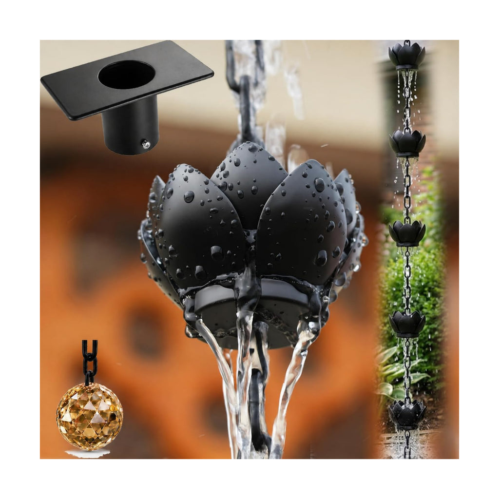 Black Lotus Rain Chain for Gutters with Adapter, 8.5 FT Decorative Rain Chains for Gutters Outdoor, 12 Flower Cups