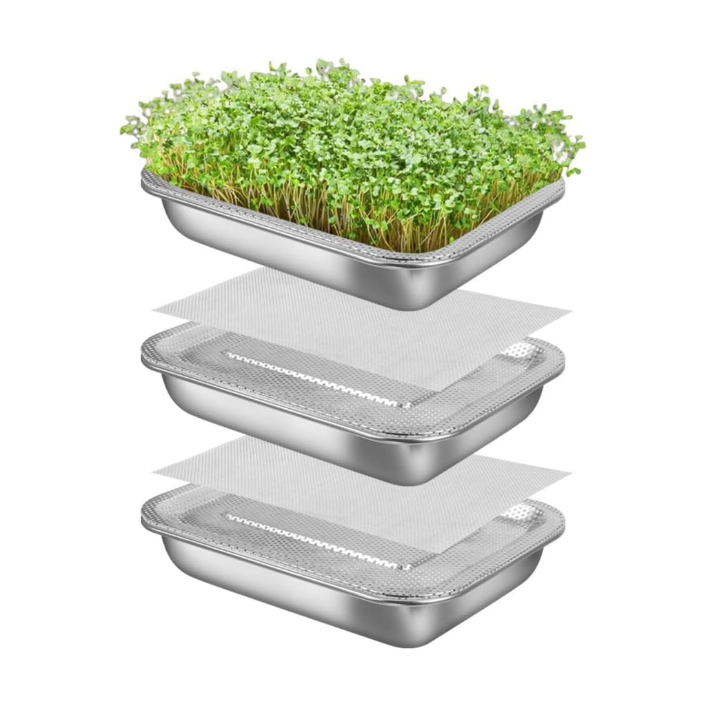 Picowe Stainless Steel Sprouting Trays Seed Sprouting Kit with Stainless Steel Mesh Tray Seed Starter Tray Seed Sprouting Kit (3pack, 10.4 x 7.7inch)