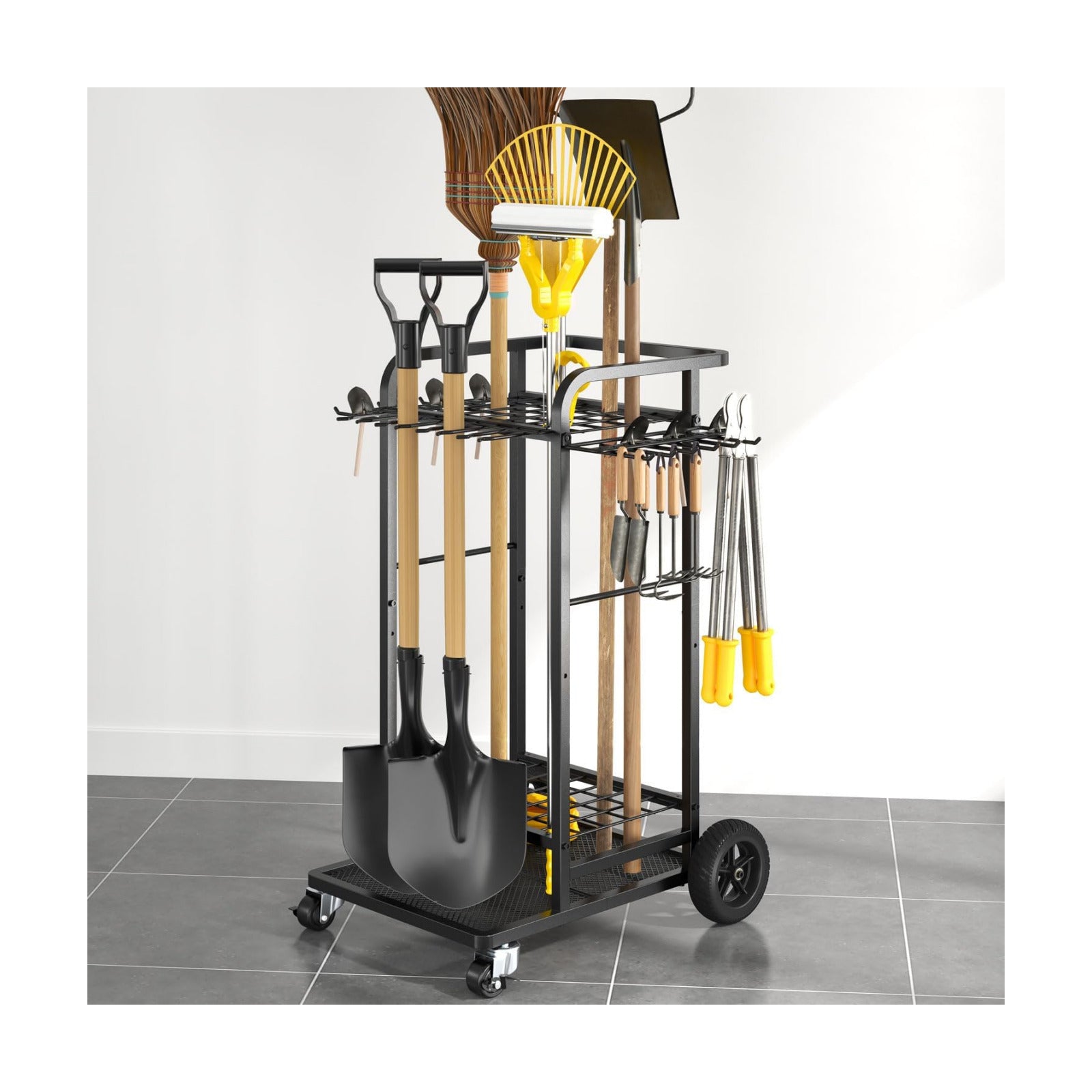 SOYEEZE Garden Tool Organizer with Large Wheels, Heavy Duty 3-Tier Yard Tower Tool Rack for Garage, Holds Up to 35