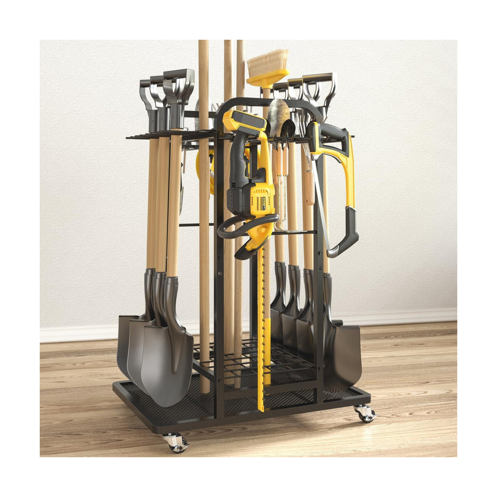 SOYEEZE Garden Tool Organizer with Lockable Wheels, Heavy Duty 3-Tier Yard Tower Tool Rack for Garage, Holds Up to 35