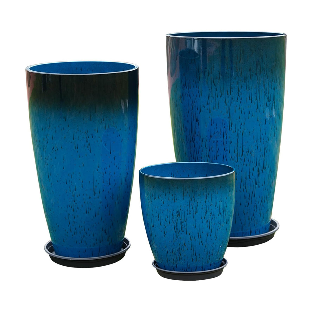 24,21,11 Inch Large Plastic Planters with Drainage Hole and Saucer - Set of 3 Tall Plant Pots Indoor Flower Pot Tall