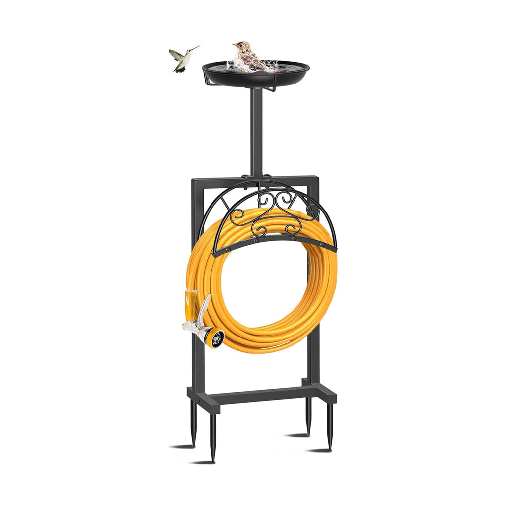Garden Hose Holder Hanger Freestanding, Upgraded 4 Spikes Heavy Duty Storage Reel Stand with Bird Feeder Bowl, Holds