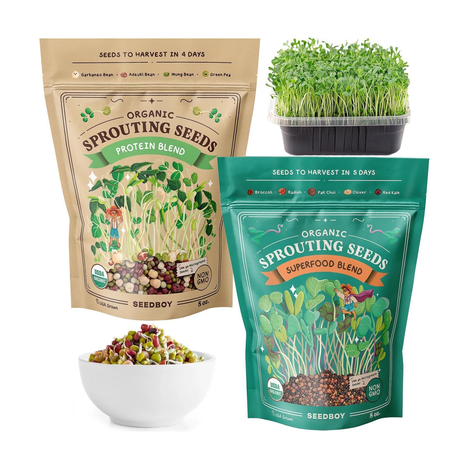 Organic Non-GMO Sprouting Seeds 2-Pack (Superfood/Protein) | Two 8 oz Bags Make 14 Quarts / 56 Servings; USDA Certified