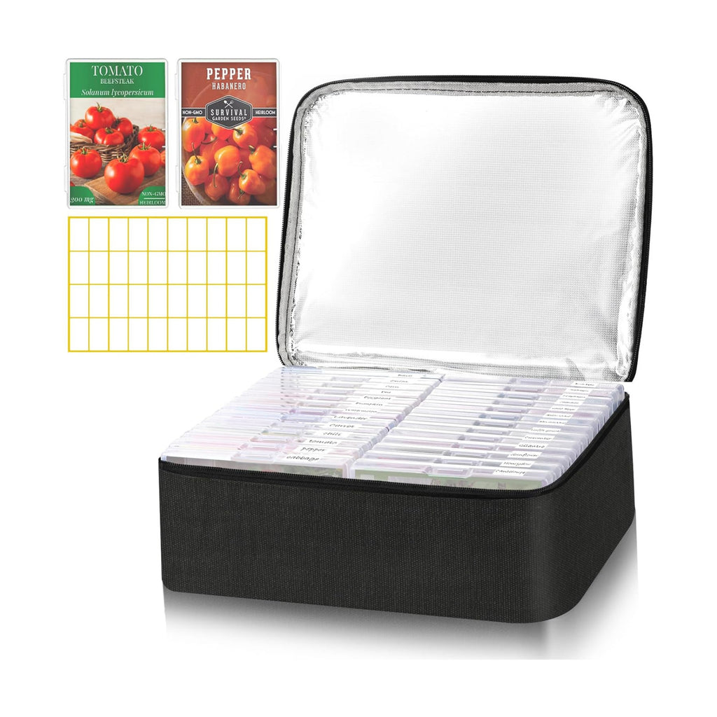 26 Slots Seed Storage Organizer Box with Insulated Bag That Holds 80-200 Seed Envelopes, Oxford Cloth Garden Seed