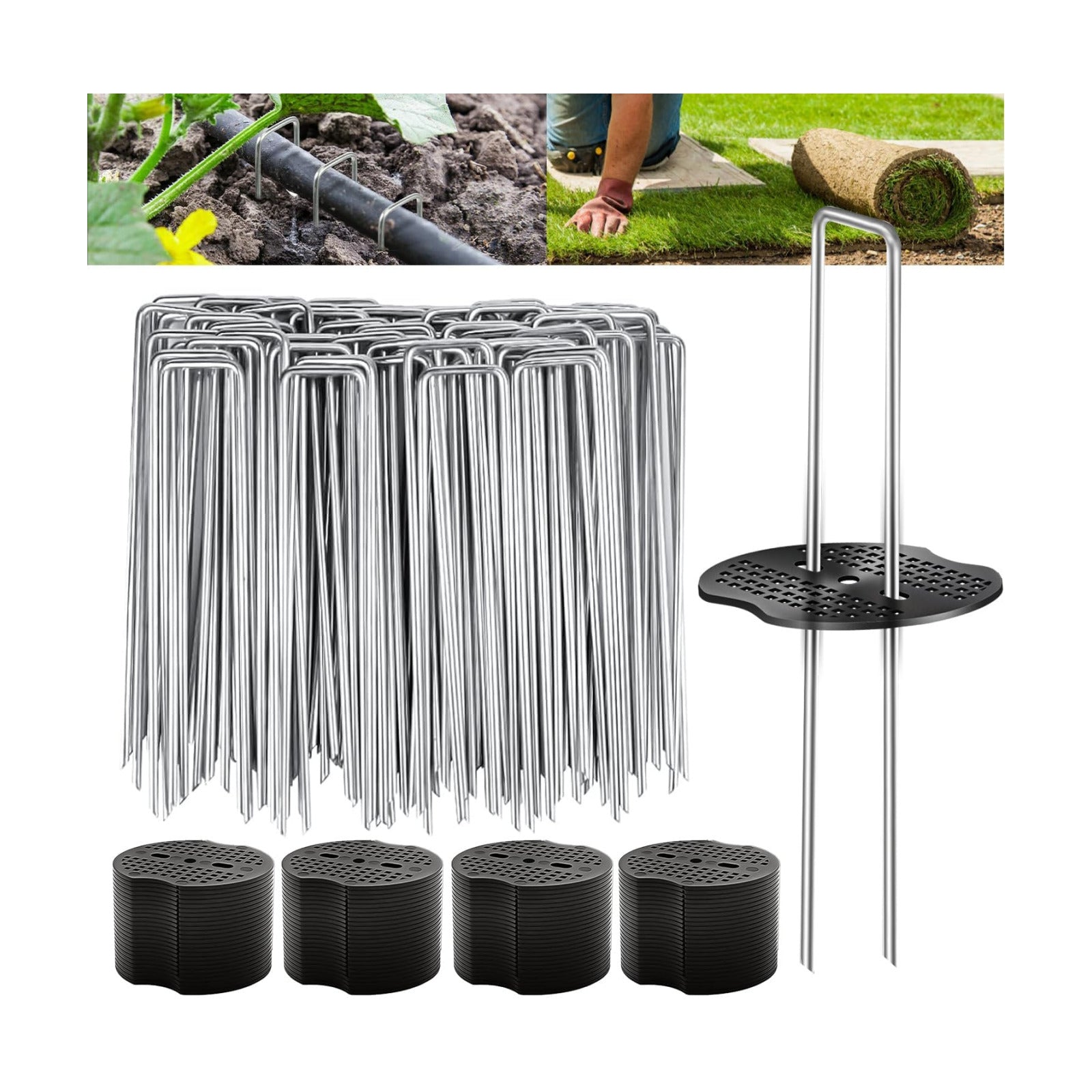 200PCS Garden Stakes Landscape Staples Set with Gasket, 11 Gauge | Heavy Duty Galvanized Garden Pins for Weed Barrier