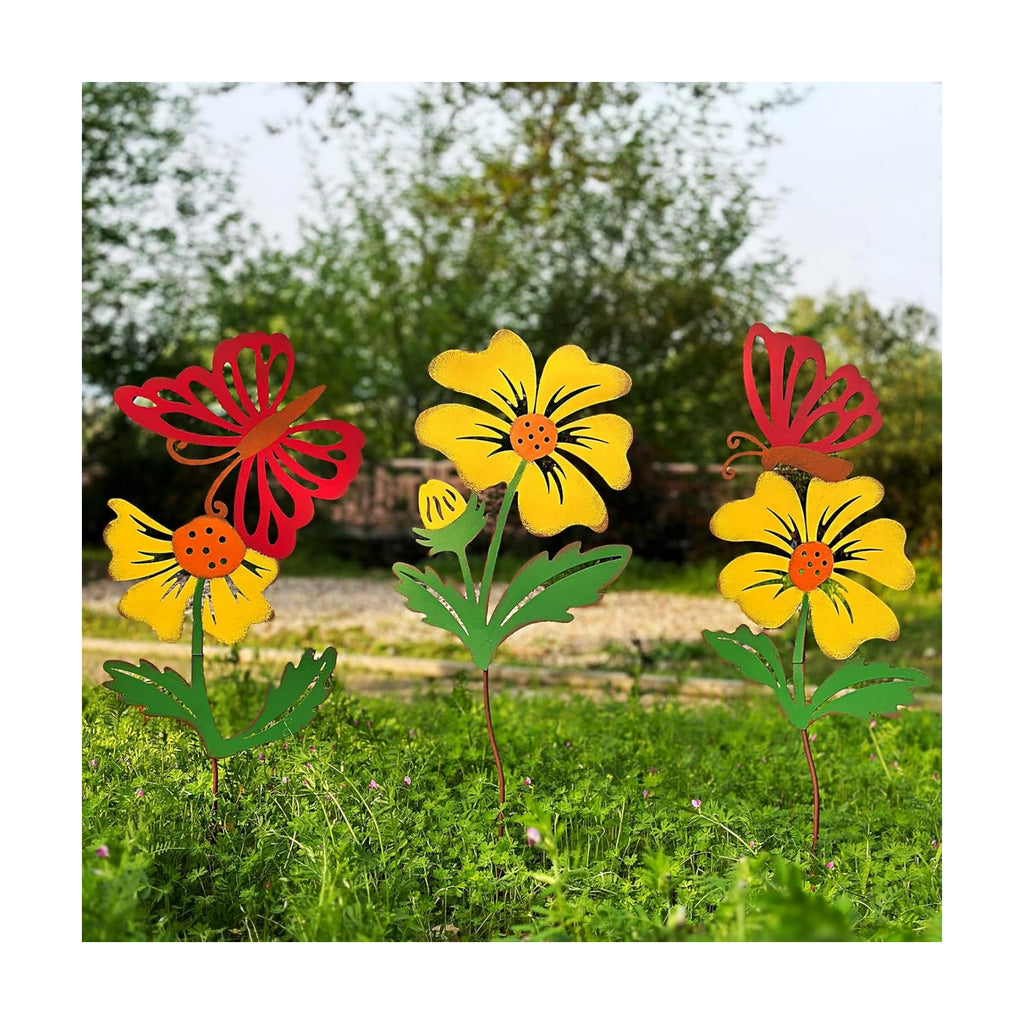 3-Pack Metal Flowers for Outside, 30-Inch Metal Yard Art | Decorative garden stakes with flower and butterfly designs;