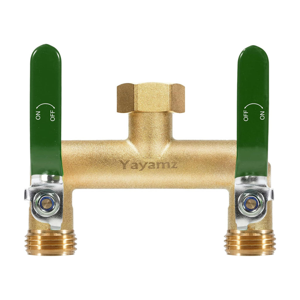 2 Way Garden Hose Splitter, 3/4" GHT Outdoor Water Spigot Splitter | Heavy Duty Solid Brass Body with Shutoff Valves &