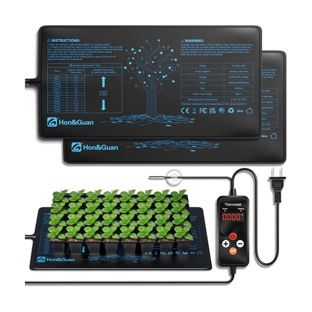 Hon&Guan 2 Packs 10"x 20.75" Seedling Heat Mat with Digital Thermostat | PVC/PET layers, IP67 surface, 41-113°F