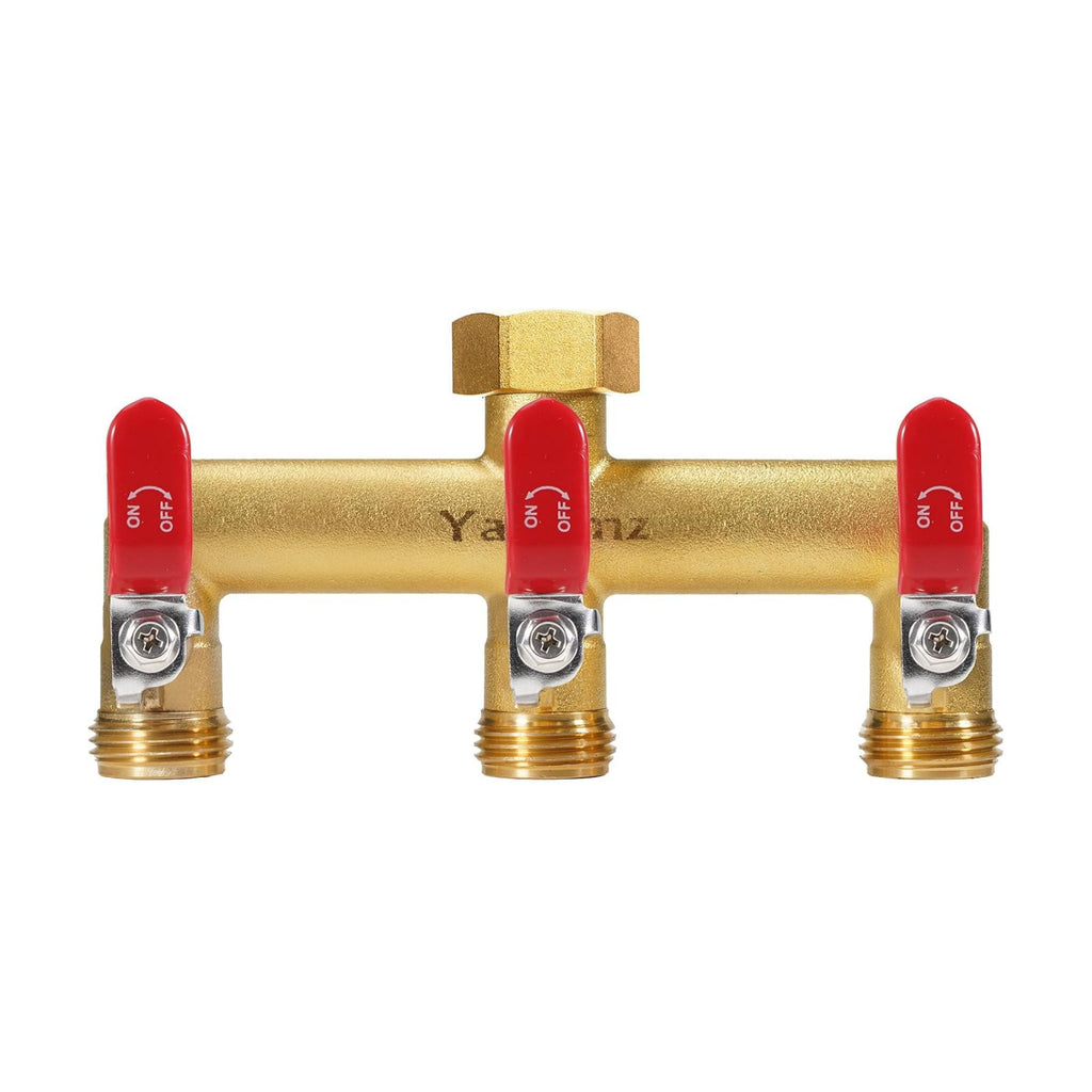 3 Way Garden Hose Splitter, 3/4" GHT Outdoor Water Spigot Splitter | Heavy Duty Solid Brass Body with Shut-off Valves &