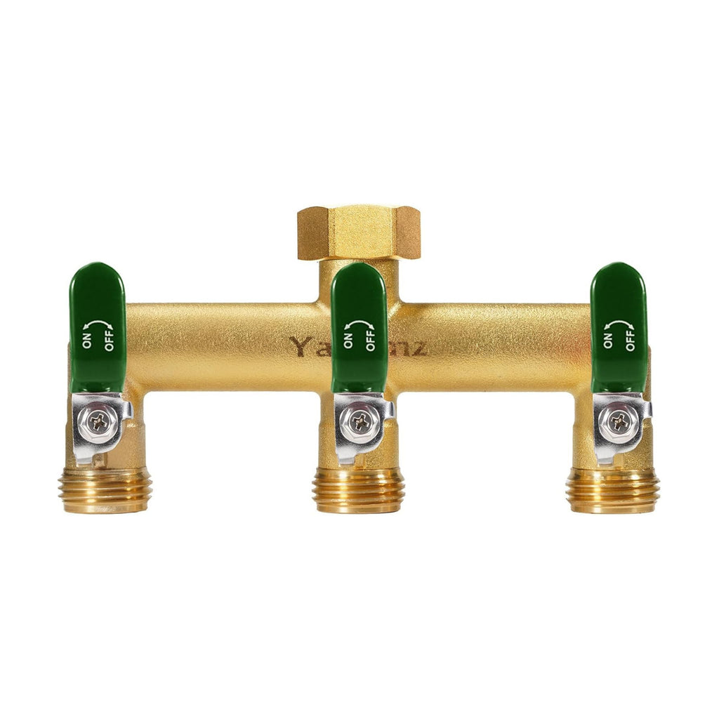 3 Way Garden Hose Splitter, 3/4" GHT Outdoor Water Spigot Splitter | Heavy Duty Solid Brass Body with Shut-off Valves &