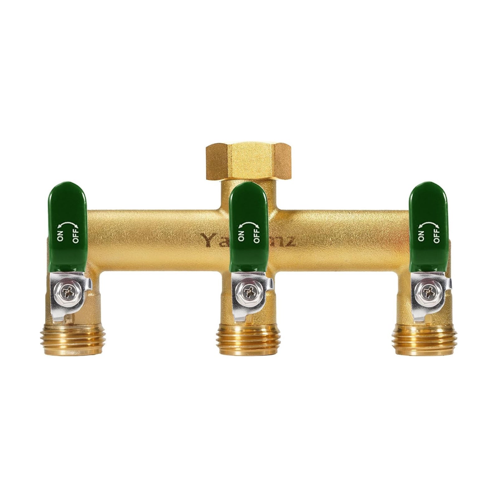 3 Way Garden Hose Splitter, 3/4" GHT Outdoor Water Spigot Splitter | Heavy Duty Solid Brass Body with Shut-off Valves &