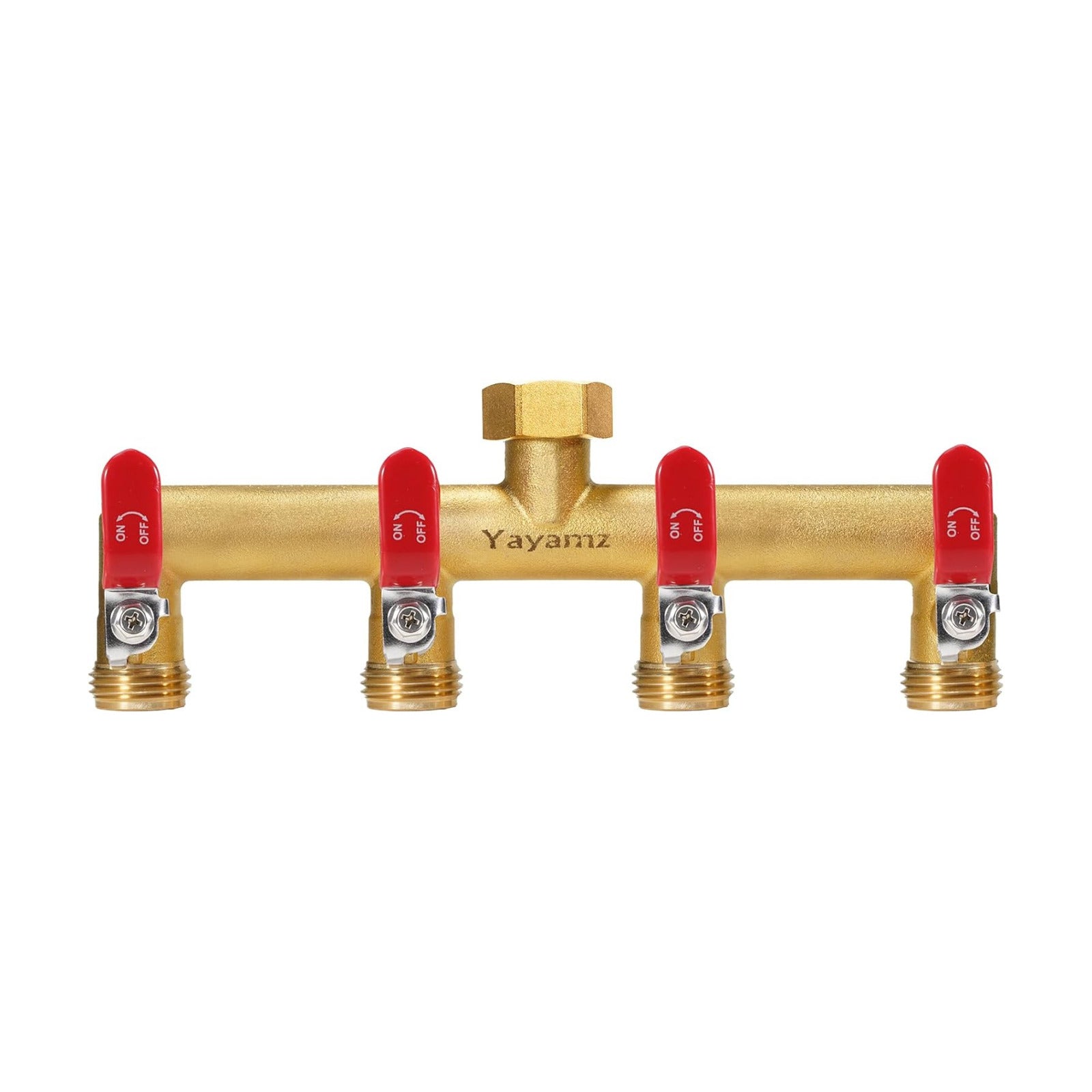4 Way Garden Hose Splitter, 3/4" GHT Outdoor Water Spigot Splitter | Heavy Duty Solid Brass Body with Shut-off Valves &